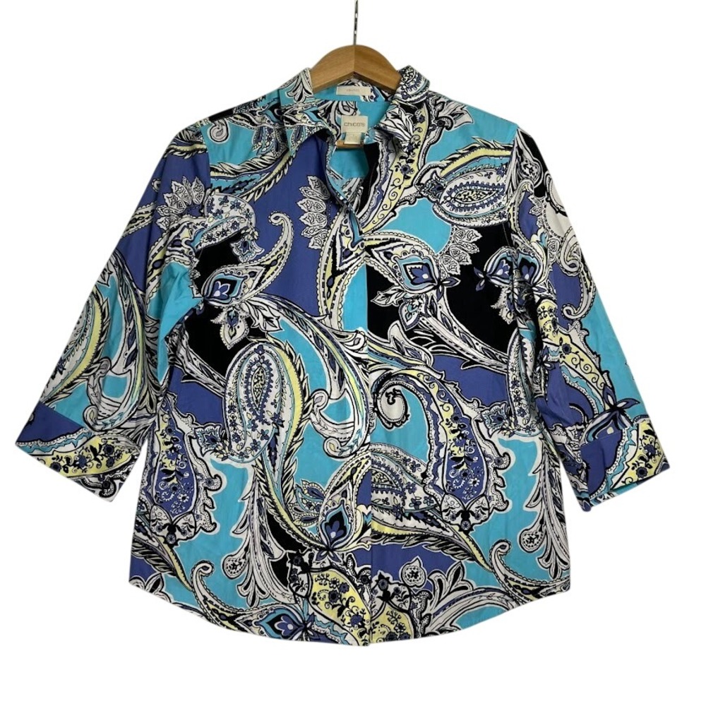 Chicos No-Iron Paisley Button Front Shirt‎ Blue 3/4 Sleeve Size 1 Medium Cotton